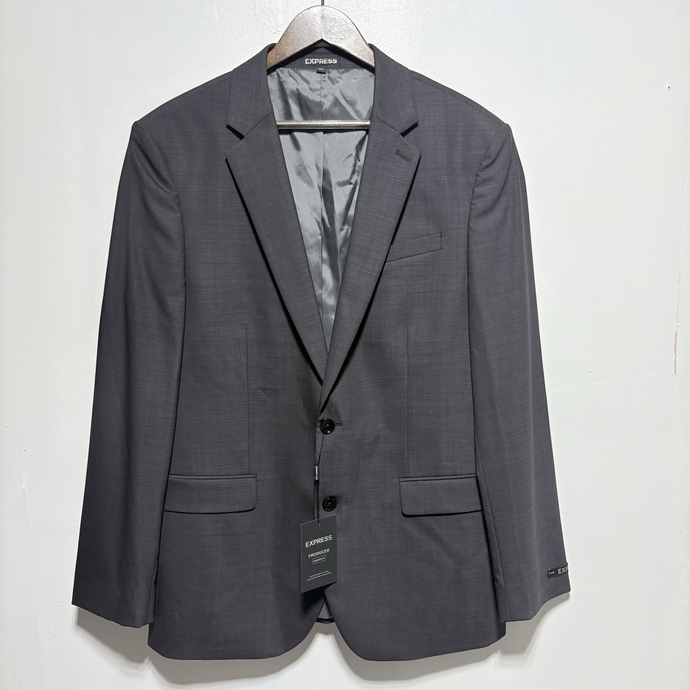 Express Producer Blazer Mens 42 Gray Wool Blend Modern Fit Stretch 2 Button
